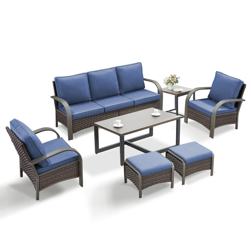 Bobra 6 Pieces Outdoor Backyard Furniture Set With Cushions, Blue