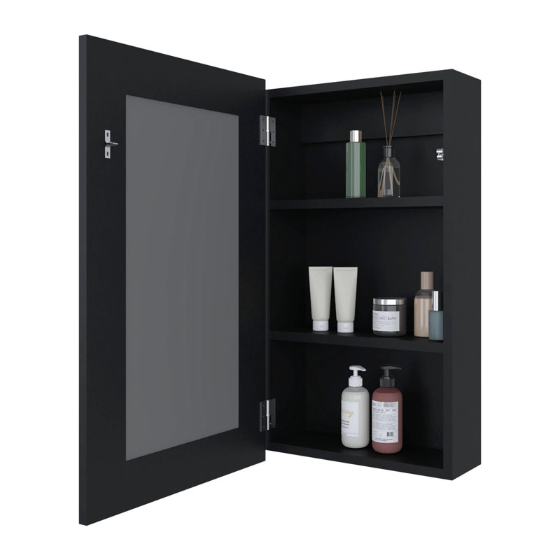 Armoire moderne noire pour la salle de bain avec miroir inclus et 3 compartiments de rangement organisés, Noir