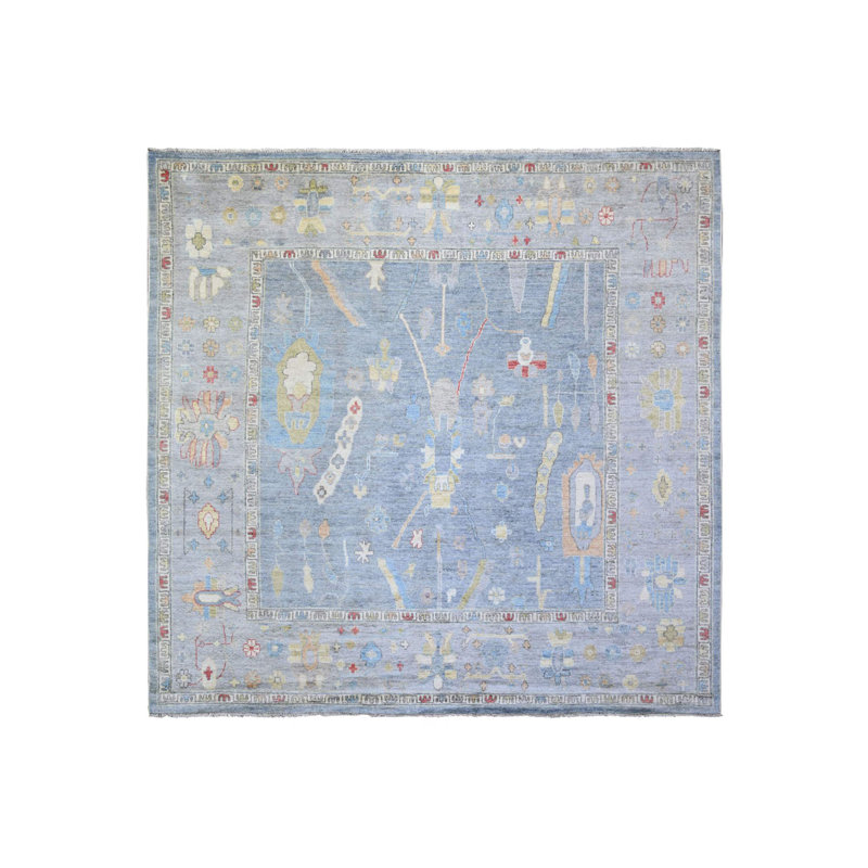 9'10"x9'10" Blue Hand Knotted Afghan Angora Oushak Wool Square Rug 71AB1FA0127B4ADE802C53D715BAE5E3