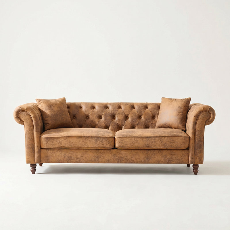 80" Chesterfield Button Tufted Mid-Century Modern 3 Seater Sofa, High-Tech Fabric Rolled Arm Couch(Brown)