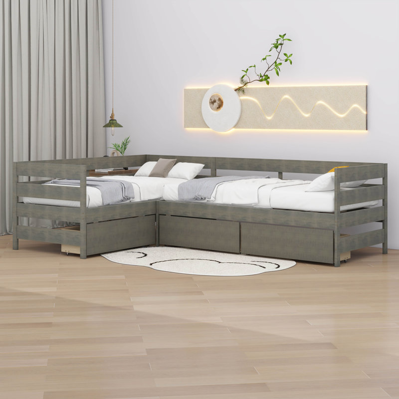 Structure de lit simple en forme de L avec tiroirs et 2 lits peu encombrants de conception unique, Gris