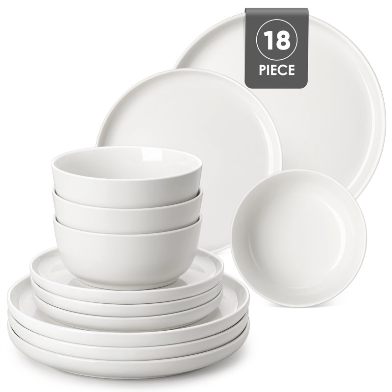 Porcelain China Dinnerware Set 18 Piece - Service for 6, White/Ivory