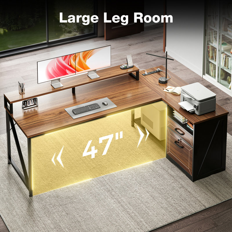 Gaming Desk With Led Lights And Built-in Power Outlets,l-shaped Computer Desk With Monitor Stand And Cpu Stand,home Office Desk With 2 Storage Drawers