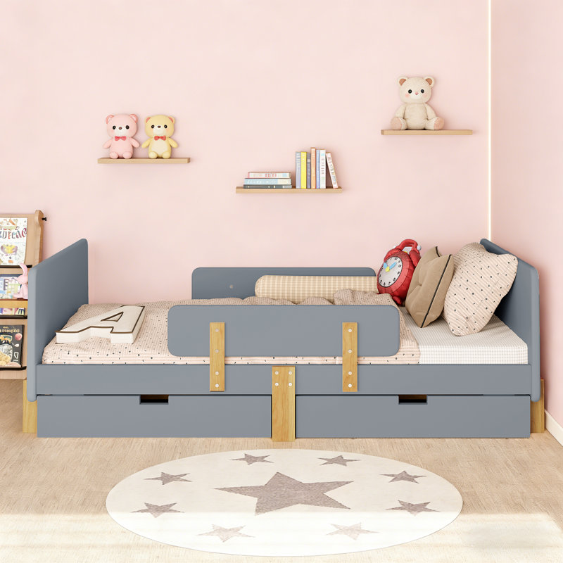 Kids Daybed Frame with Storage Drawers and Safety Guardrails,  Wood Daybed with Headboard and Hook Organizer, Gray, Full