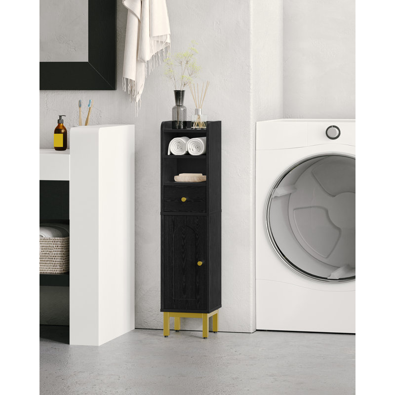 Armoire de rangement pour salle de bain, armoire de coin avec tiroirs et portes, porte-papier hygiénique étroit, organisateur de salle de bain avec tablette réglable, pour petits espaces, noir