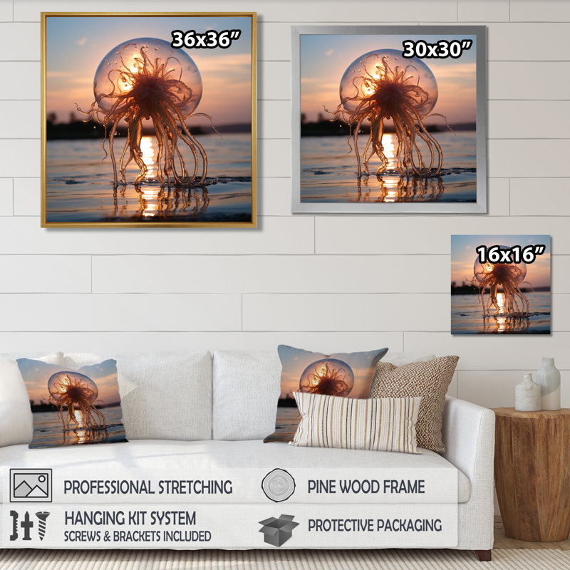 «Ascendant Jellyfish Pink Sunset» - art mural méduse, H 16 po x l 16 po, Toile flottante noire encadrée