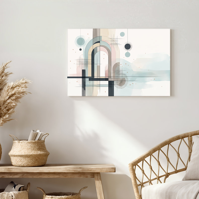 Art mural sur toile, arches et cercles géométriques bleu clair et beige, H 20 po x l 30 po