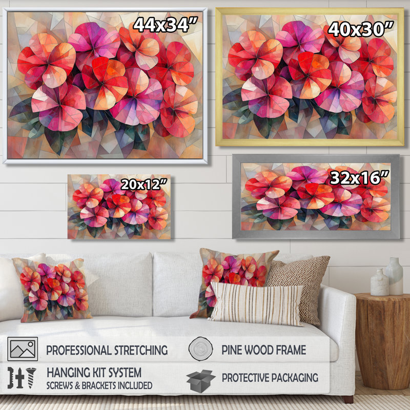 «Geanium Geranium Blossoms Cubist - Geraniums», art mural, Argent argent, H 34 po x l 44 po, Picture Framed