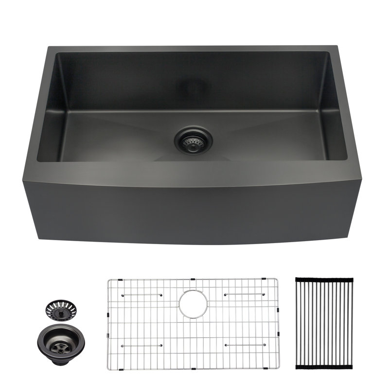 36" Matte Black Undermount Farmhouse Apron Front Kitchen Sink 16 Gauge Stainless Steel Single Bowl Kitchen Sink with Bottom Grid