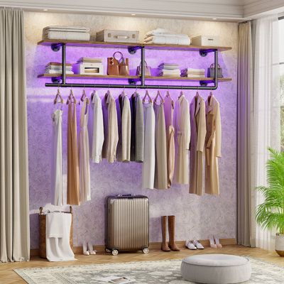Closet Organizer with Top Shelf, 2 Tiers Wall Mounted Shelves with Hanging Rods
