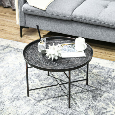 Table basse ronde en métal martelé de 24 po, attrait rétro pour le salon. Finition brossée à la main, coussinets de pieds réglables, capacité de poids de 110 lb, table avec motif de décoration. Chambre et chambre à coucher