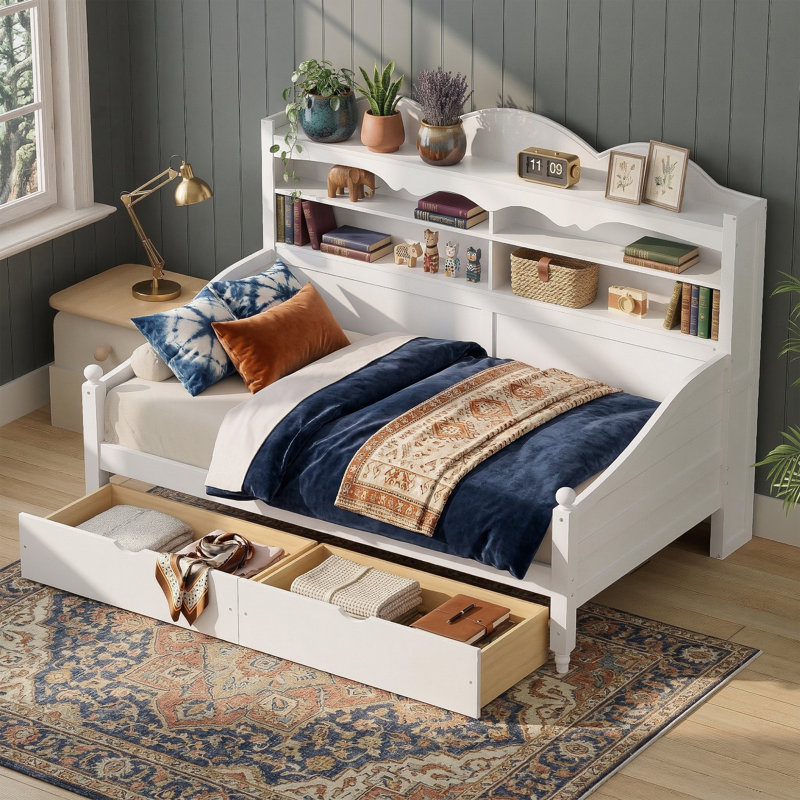 79.3" Twin Daybed With Storage Headboard And 2 Drawers - Solid Wood Bed Frame - Antique Grey, White