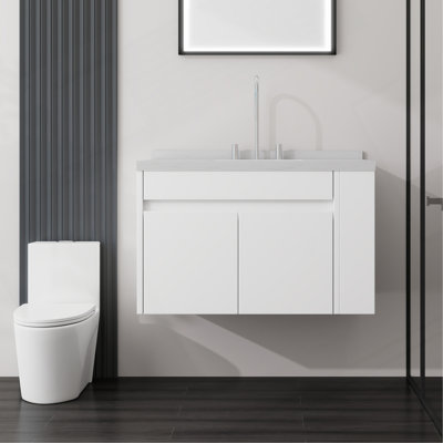 Meuble-lavabo flottant 36 po avec lavabo 36 po, porte à fermeture douce, comptoir et dosseret en marbre de culture blanc Carrara 2 po