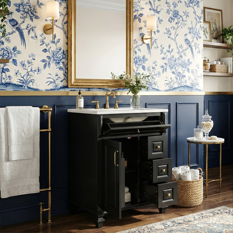 Ensemble de meuble-lavabo sur pied élégant 24 po, armoire en bois d'hévéa et panneau de fibres à densité moyenne avec plateau en céramique, rangement à 4 tiroirs (noir)