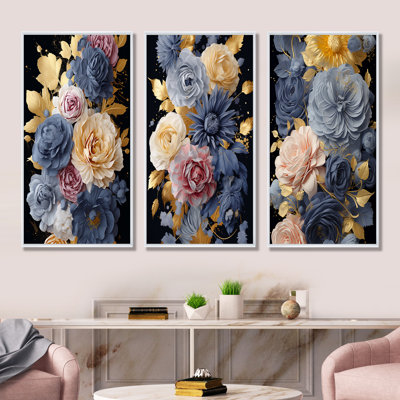 «Coppola Blue Rose Elegance I», ensemble de 3 reproductions d'art mural