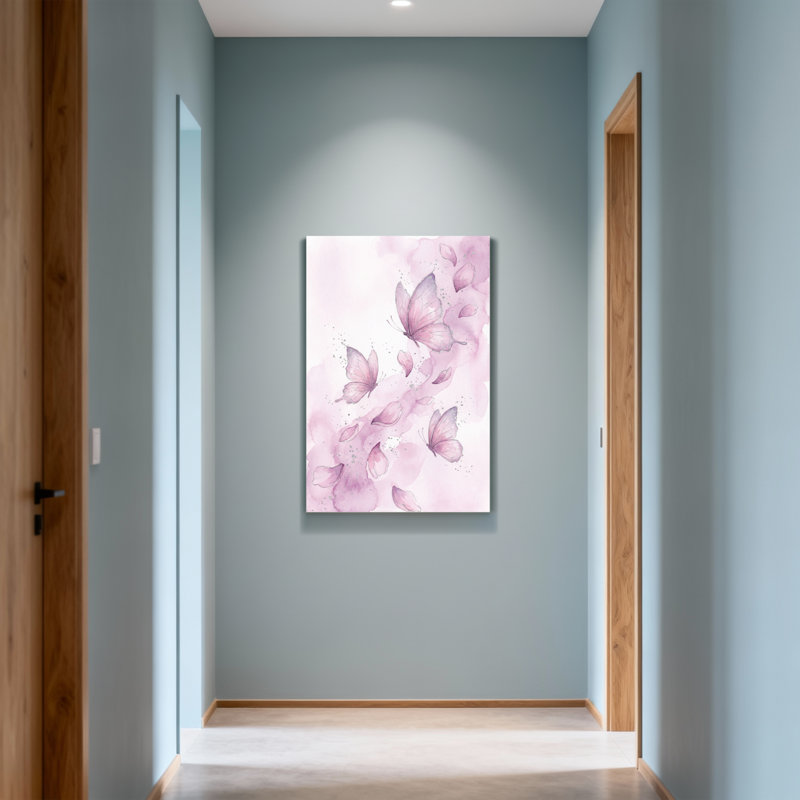 Plants & Flowers Pink Butterflies And Petals Watercolor Art, 18" H x 12" W