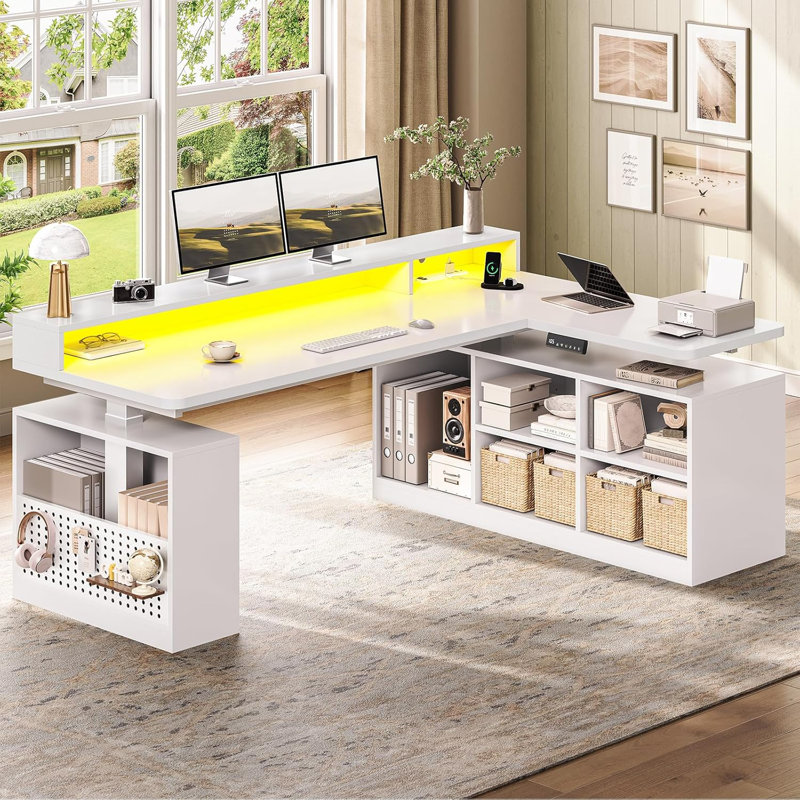 L Shaped Desk Computer Desk With Power Outlets & Led Lights, White