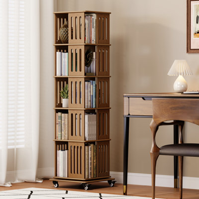 Bibliothèque tournante carrée en bois massif avec roues verrouillables, rangement compact pour le bureau à domicile