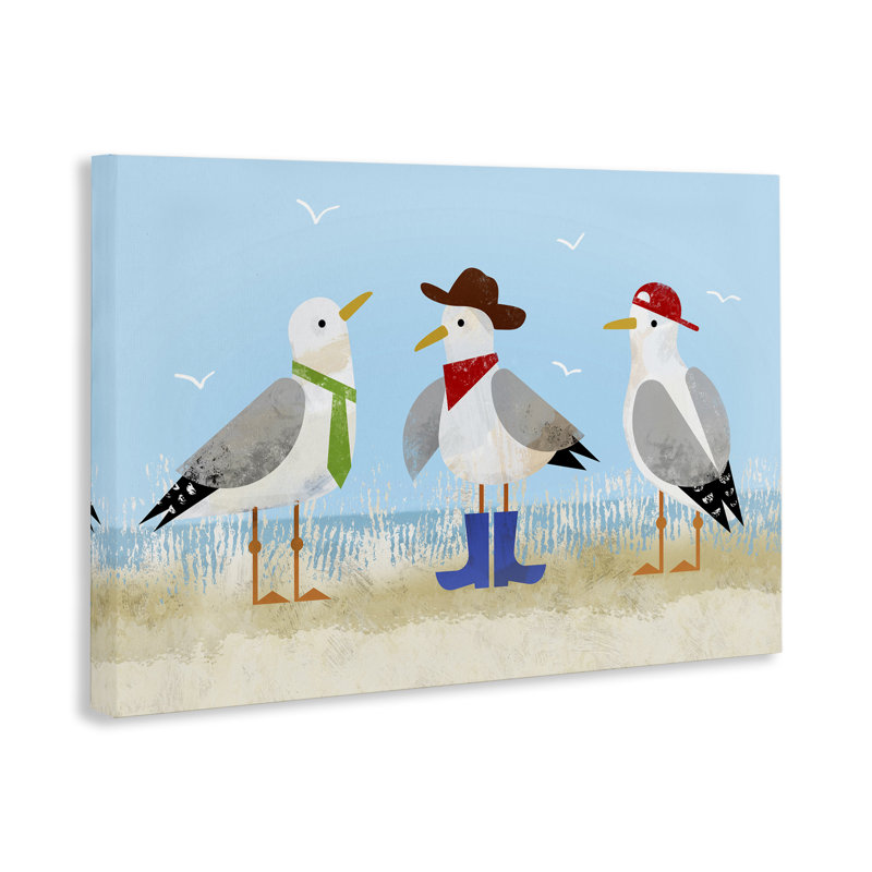 Art mural sur toile, "Mouettes habillées sur la plage" par Victoria Barnes, H 30 po x l 45 po