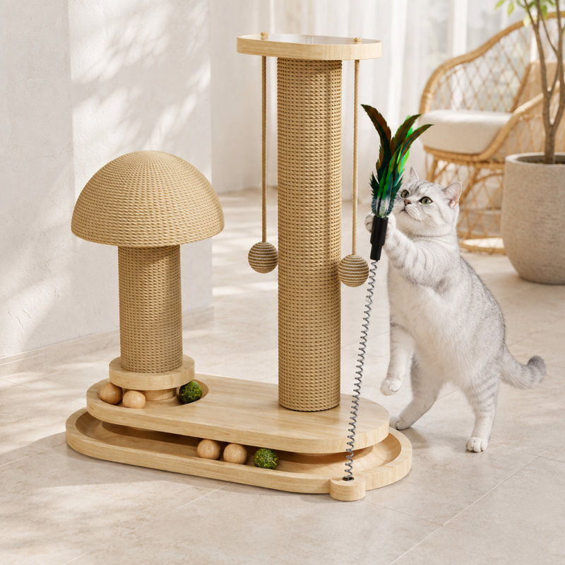 Poteau à griffer en bois massif avec boules et jouets en plumes, 17,7 po x 8,7 po x 16,3 po