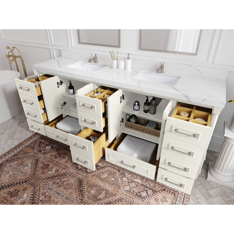 Aberdeen 84'' Double Bathroom Vanity with Quartz Top, White