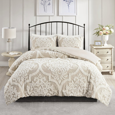 Ensemble d'édredon 3 pièces en chenille de coton double / grand en taupe Grace, taupe, housse