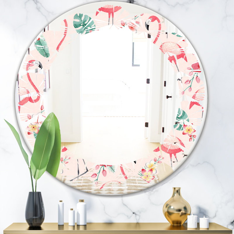 Modern Farmhouse Wall Mirror, Leaves Botanicals, Flowers and Flamingo II, 24" x 24" 