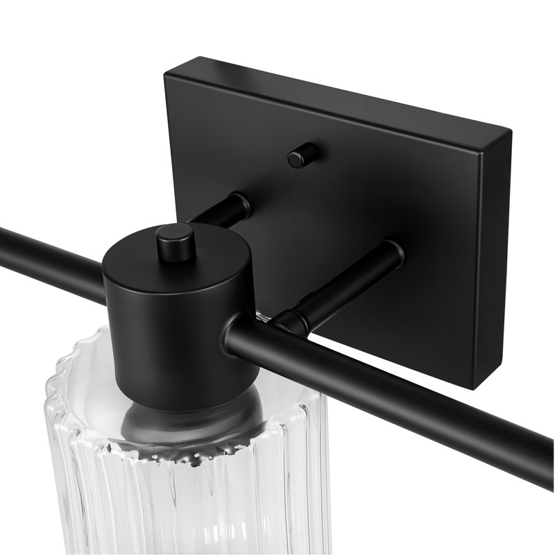 3-Light Matte Black Vanity Light with Clear Ribbed Glass Shades