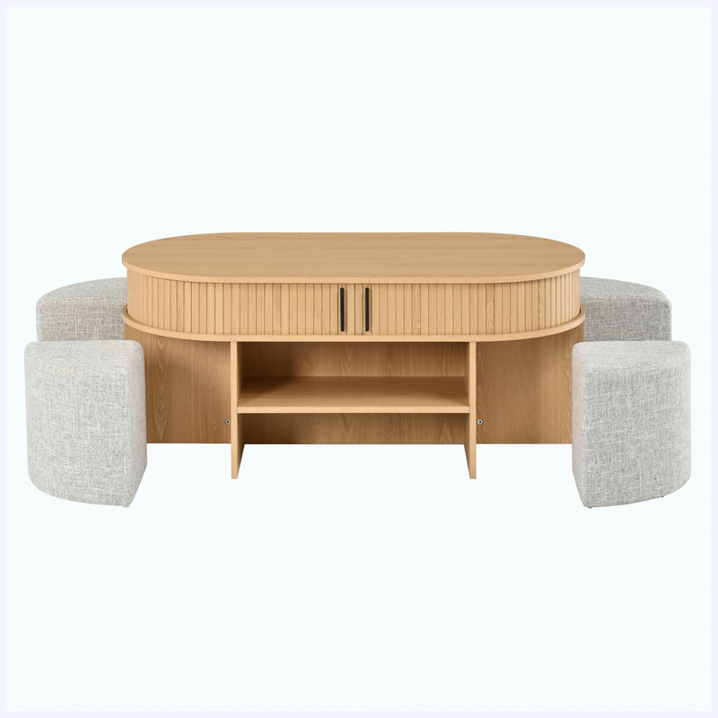 Table basse multifonctionnelle ovale avec rangement caché et 4 tabourets gigognes en tissu, ensemble de salon peu encombrant U-Can