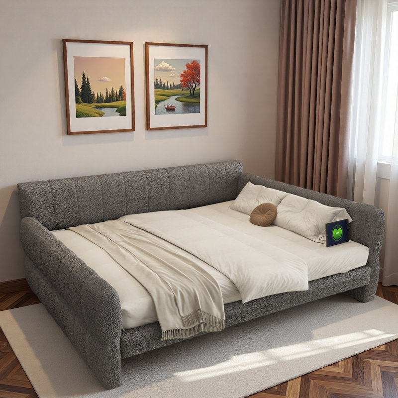 Upholstered Daybed With Usb And Slats Support, Gray