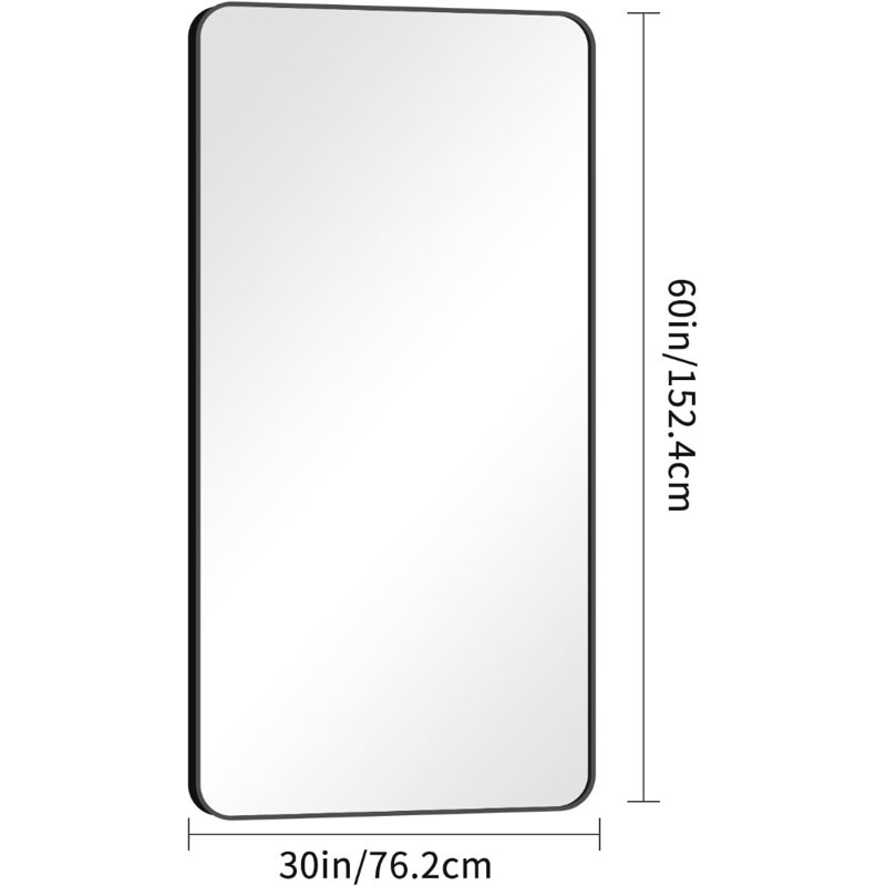 30X60 Inch Bathroom Mirror,Black Rectangle Mirror,Wall Mounted Bathroom Frame Vanity Mirror With Round Corner For Bedroom Living Room, Entryway Hangs Horizontal Or Vertical