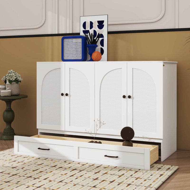 Lit escamotable pratique avec tiroir de rangement dissimulé intégré, Lit double, Blanc