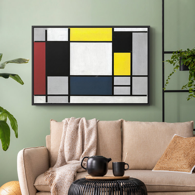 Composition avec toile encadrée, jaune, rouge, noir, jaune et gris, 1921 - Piet Mondrian, 24 po x 36 po, Noir