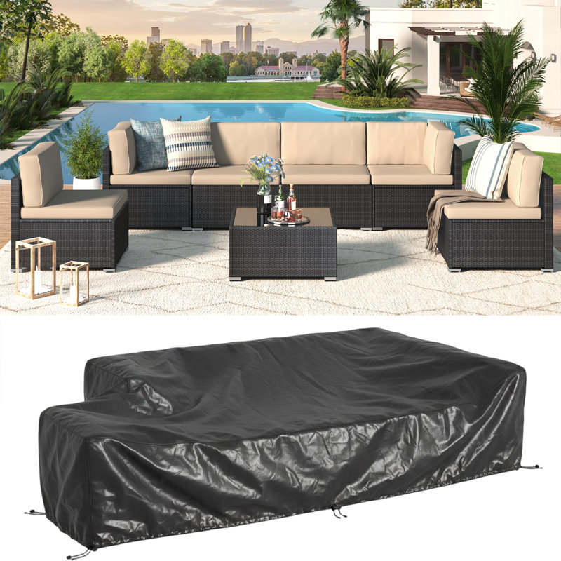 7-Piece Rattan Outdoor Patio Furniture Set With Cover And Table, Black