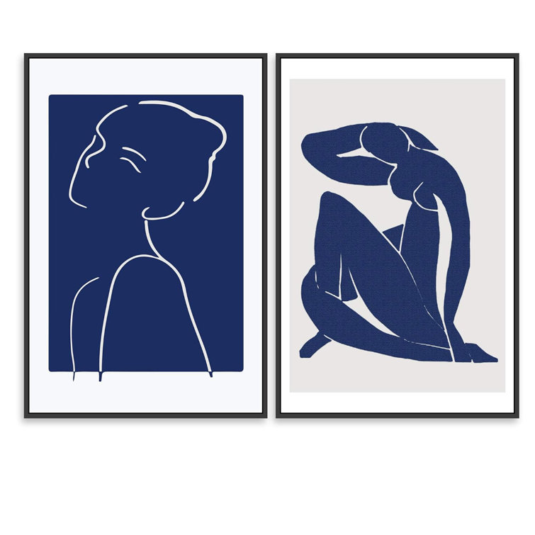 IDEA4WALL Navy Blue & White Line Art Yoga Woman Matisse People Abstract  Modern Art On Canvas 2 Pieces Print