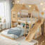 Lit superposé simple au dessus d'une maison double avec échelles, glissières, tablettes de rangement, garde-robe et maisonnette, naturel - Chambre d'enfant-1366894212