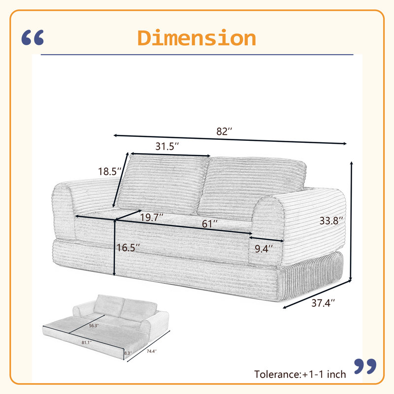 Canapé-lit pliant convertible 2-en-1, canapé-lit en velours côtelé moderne avec 2 * coussins, canapé-lit modulaire sans dossier avec lit escamotable, canapé-lit pliant
