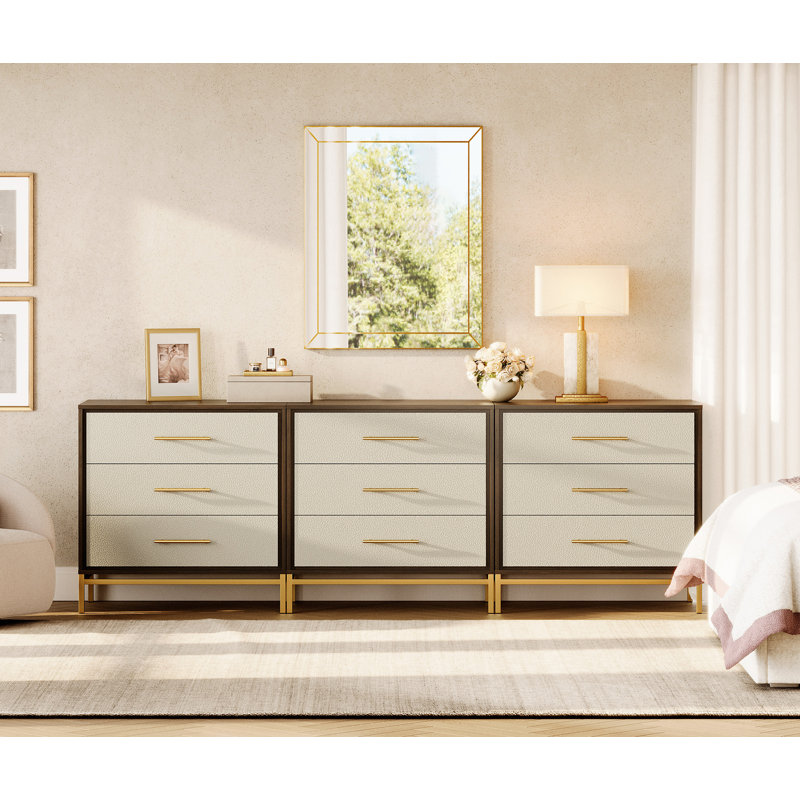 Commode à finition texturée en cuir avec tiroir de 14 po de profondeur WAMPAT, ensemble de 3