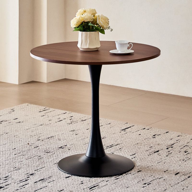 23.6" Round Dining Table for 2-4 Modern Circle Tulip Table with Metal Black Tulip Pedestal Base for Kitchen Dining Living Room Apartment Small Space Cafe, Brown