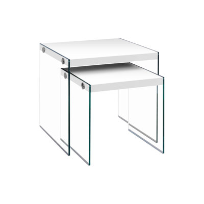 Ensemble de 2 tables gigognes modernes en stratifié brillant, parfait pour le salon et la chambre à coucher, verre trempé transparent, design contemporain