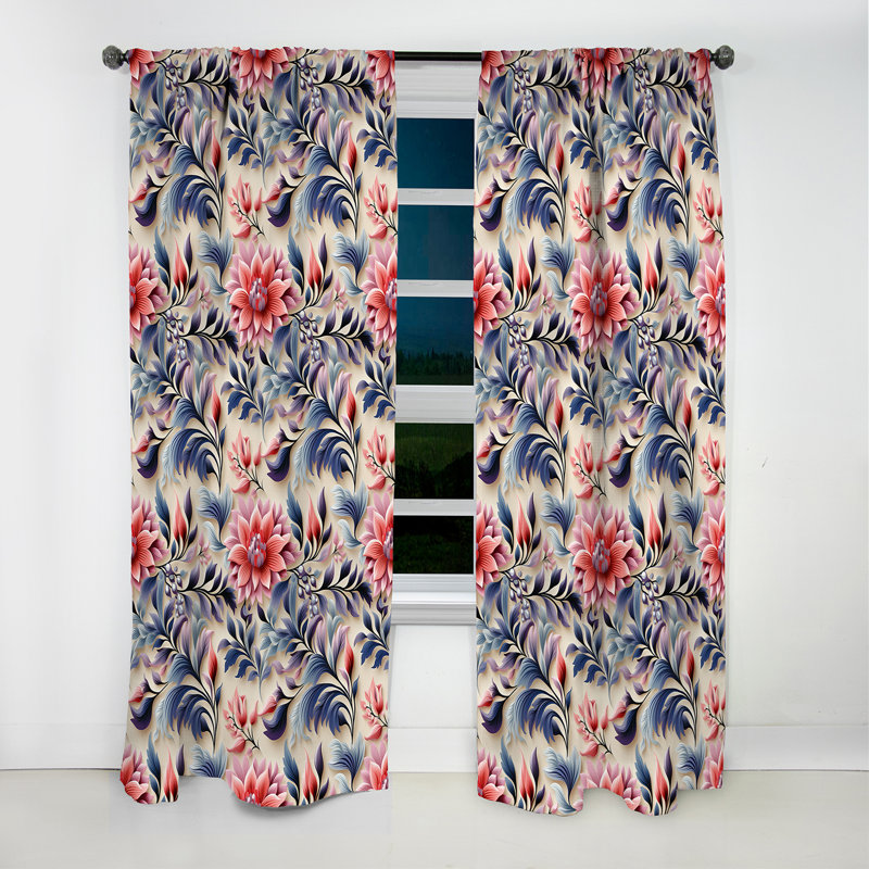 Fougère rose et bleue Ethno - damas floral - rideau occultant - 1 panneaux, L 52 po x L 63 po
