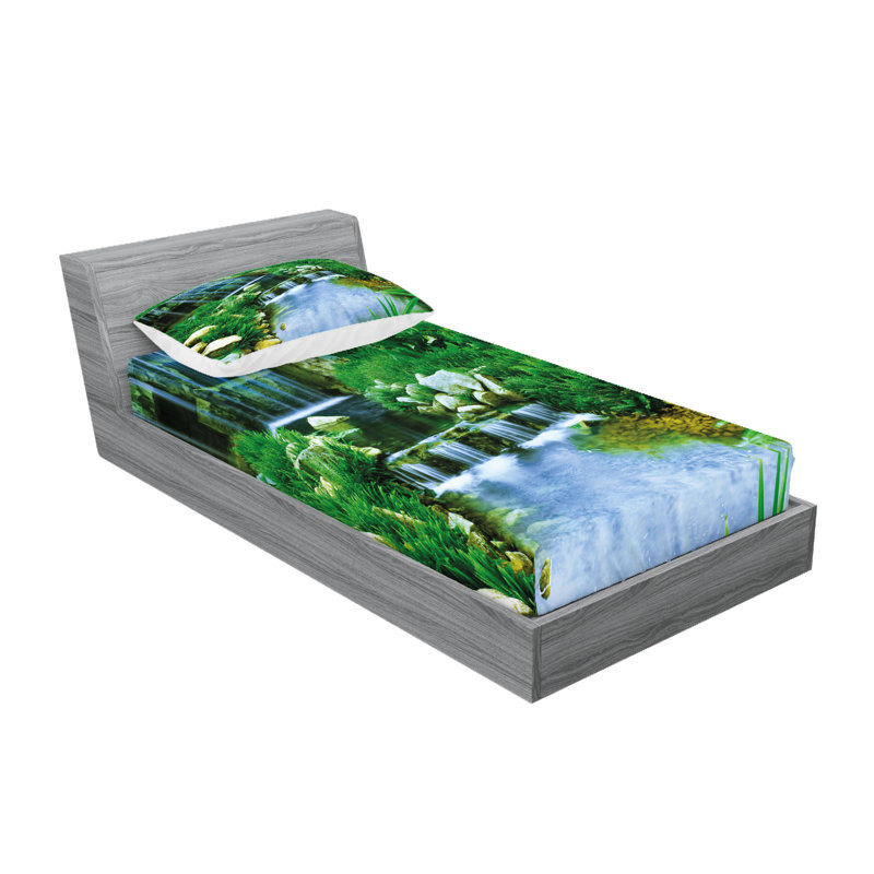 Ambesonne Nature Fitted Sheet & Pillow Sham Set, Fern Green Pale Blue, Twin Sheet Set + 1 Fitted Sheet + 2 Pillowcases