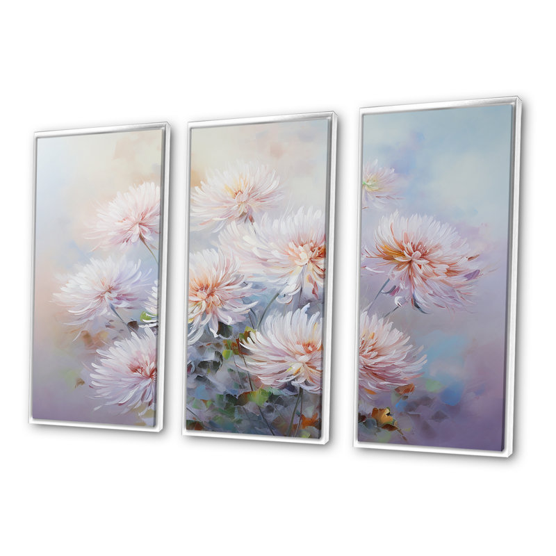 «Rose and Purple Chrysanthemums Bloom I», ensemble de reproductions d'art mural, Cadre flottant blanc