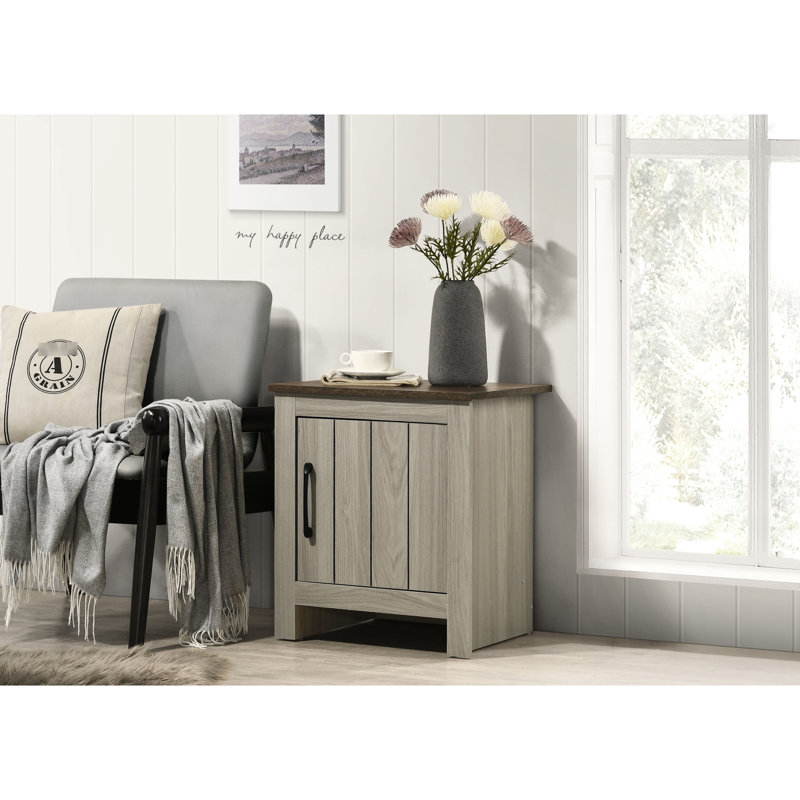 Gray Oak Side Table With Cabinet Door - 16"W X 21.5"H End For Living Room Decoration Walnut Finish Contrasting Tabletop Storage Space Home Furnishing Interior Rack
