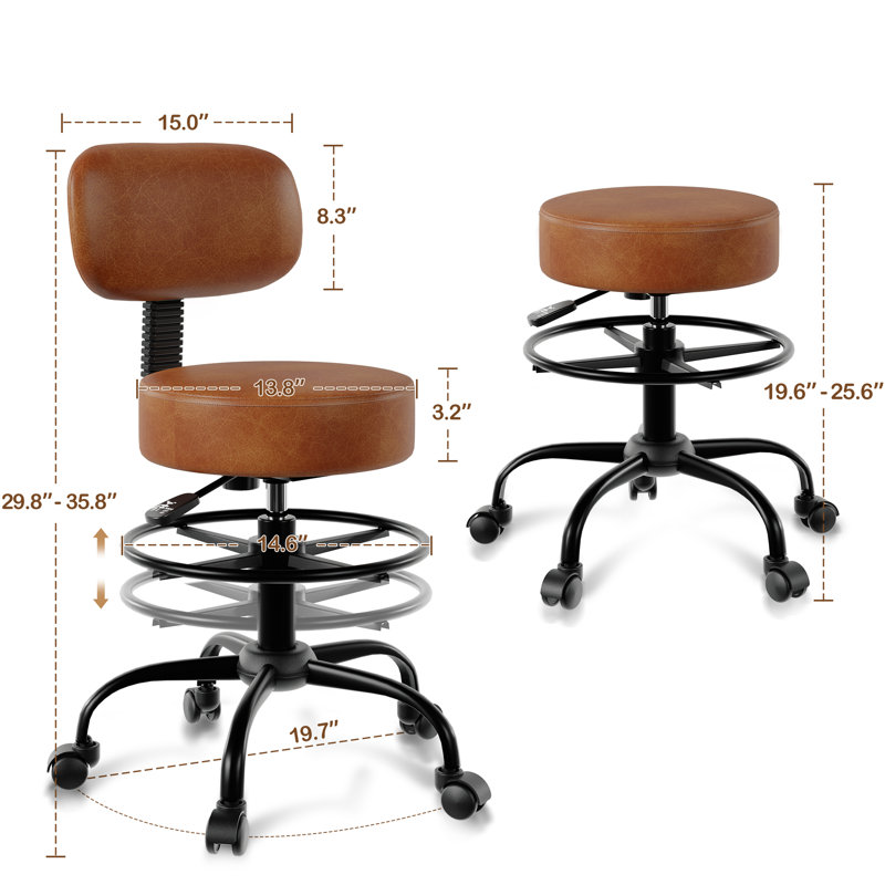 Adjustable Drafting Chair with Back Support Rolling Swivel Stool, Brown, 2