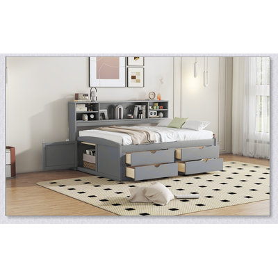 Wood Daybed With 2 Bedside Cabinets, Upper Shelves And 4 Drawers