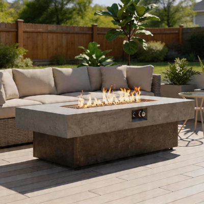 55 Inch Propane Fire Pit Table, 50000 BTU Outdoor Gas Fire Table, Rectangle Patio Firepit Table with Lid and Waterproof Cover, External Tank Design, Cement Look, Brown Gray