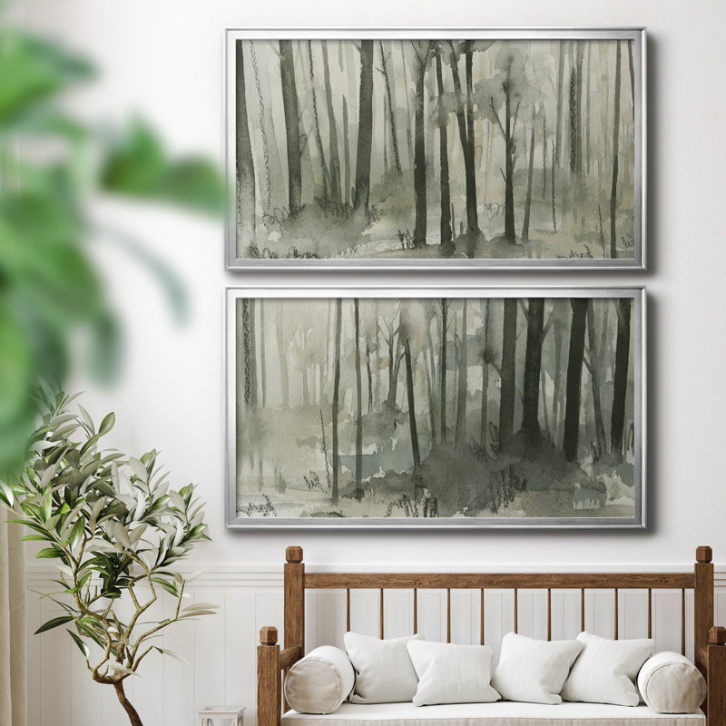 Into The Woods I - Ensemble de 2 peintures sur toile encadrées, H 45 po x l 42,5 po x P 1 po, Cadre argenté