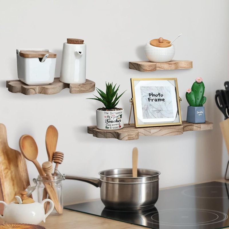 Ensemble de 3 tablettes flottantes avec rebord de présentation mural en bois rustique Wave Edge - Live Edge, Naturel