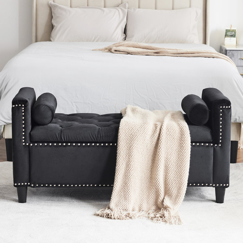 Tabouret de chambre en velours 44,5 pouces avec garniture cloutée et rangement, fenêtre noire moderne, Noir